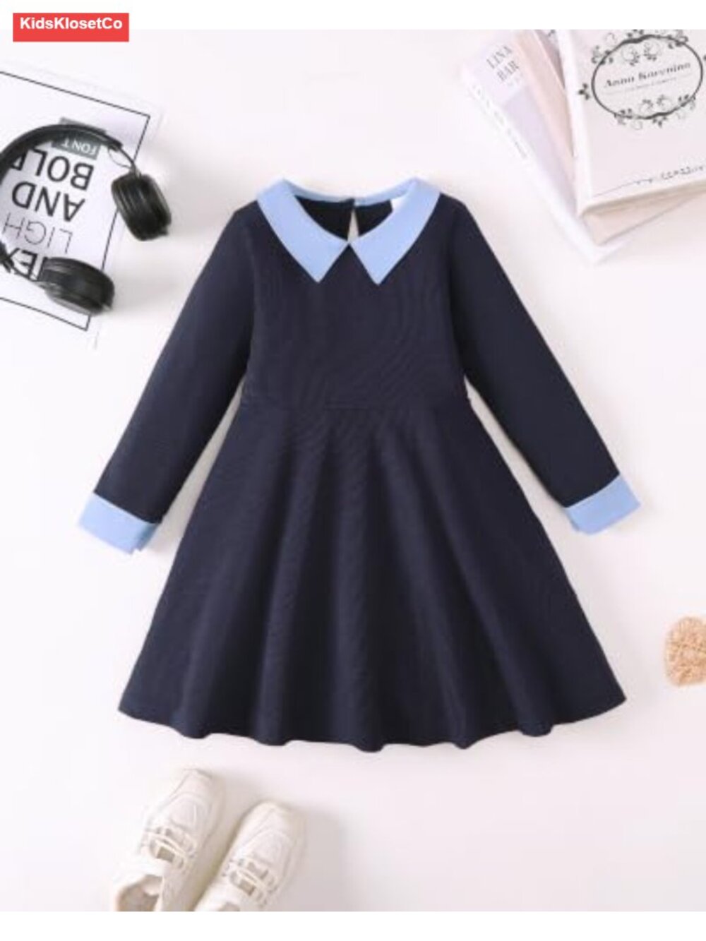 Girls Long Sleeve Fall Winter Dress with Peter Pan Collar - Picture 3 of 6